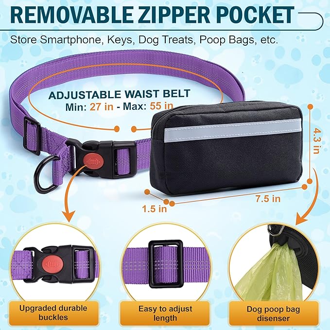 Hands Free Dog Leash for 2 Dogs – Waist Leash for Dog Walking with Dual Bungee, Reflective No Pull Design, Adjustable Belt & Pouch for Running, Hiking, Jogging