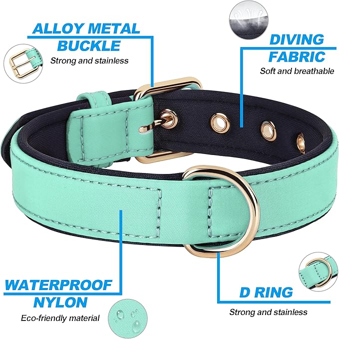 Didog Soft Padded Dog Collar for Large Dogs, Lightweight and Breathable Dog Collar with Metal Buckle, Green, XL