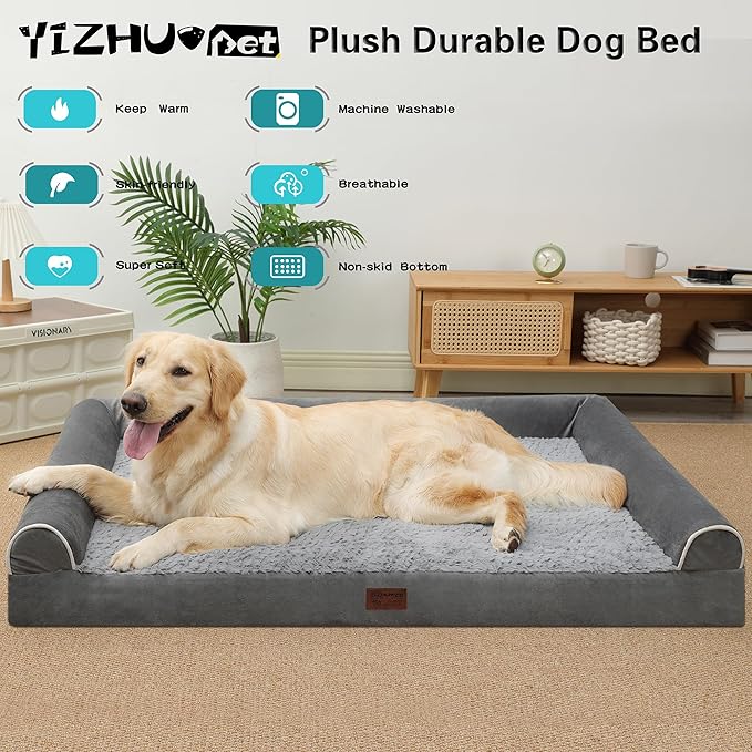 Orthopedic Dog Bed for Large Dogs - Egg Foam Sofa Bed with Waterproof Lining, Removable Washable Cover, Nonskid Bottom - XL 42x30x7.5Inch, Grey