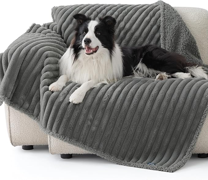 Bedsure ComfyFleece Waterproof Dog Blankets for Large Dogs - Soft Pet Cat Blanket Corduroy Fleece for Couch Bed Protector Washable, Cozy Calming Reversible Furniture Protection,50"x60", Warm Grey