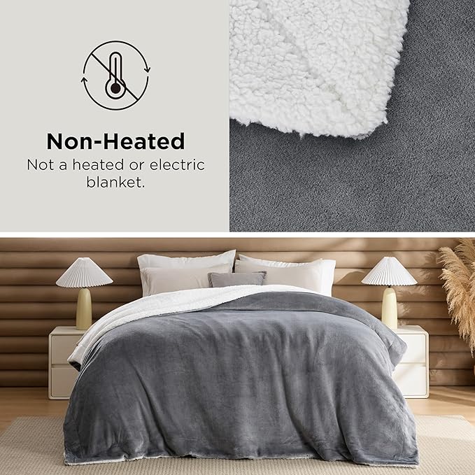 Bedsure GentleSoft Sherpa Fleece King Blankets for Bed, Non-Heated, Thick and Warm Throw for Women and Men, Soft Fuzzy Plush King Blanket for Winter, Grey, 108x90 Inches