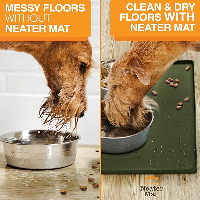 Neater Pet Brands Neater Mat Pet Mats for Food and Water, Cat & Dog Bowl Mat Waterproof Silicone, Feeding Tray, Dog Food Mats for Floors, Placemat w/Raised Edge for Under Bowls, 24" x 16", Olive