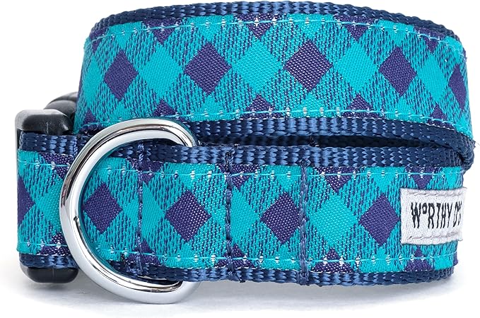 THE WORTHY DOG Collar for Small Dogs, Adjusts 6-12 inches, Durable Nylon Webbing, Quick Release Buckle, Bias Buffalo Plaid Pattern, Navy/Green, X-Small