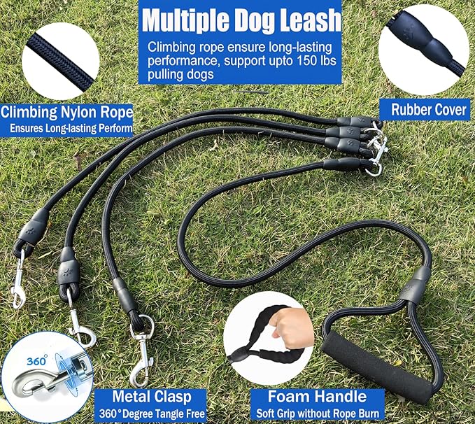 Heavy Duty 3 Dog Leash for Small Dogs No Tangle Detachable 360° Swivel Device with Padded Handle for Two/Three Pets