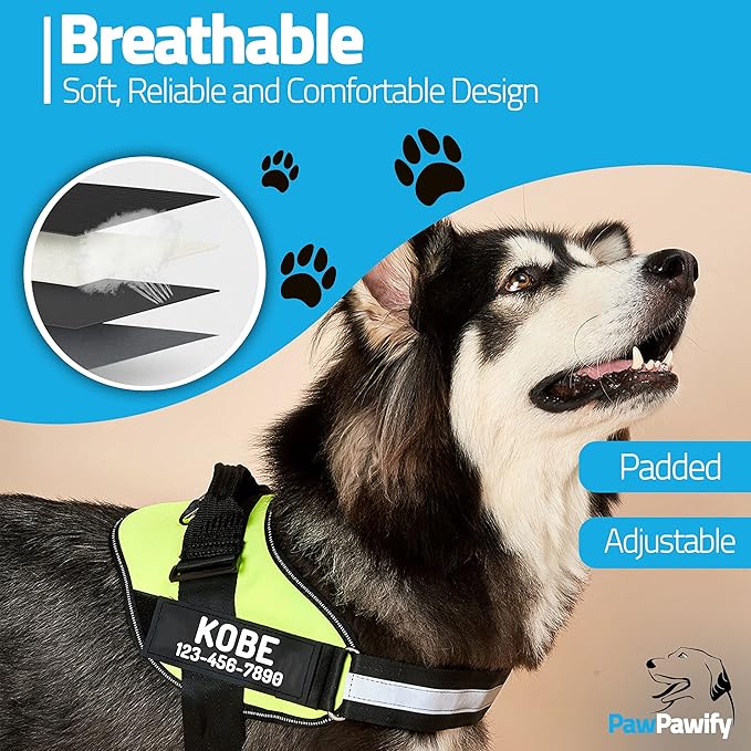 PawPawify Personalized No Pull Dog Harness with 2 Custom Name & Phone Patches, Reflective Breathable Pet Vest for Walking Training, Adjustable Heavy Duty Service Dog Vest for Small Medium Large Dogs
