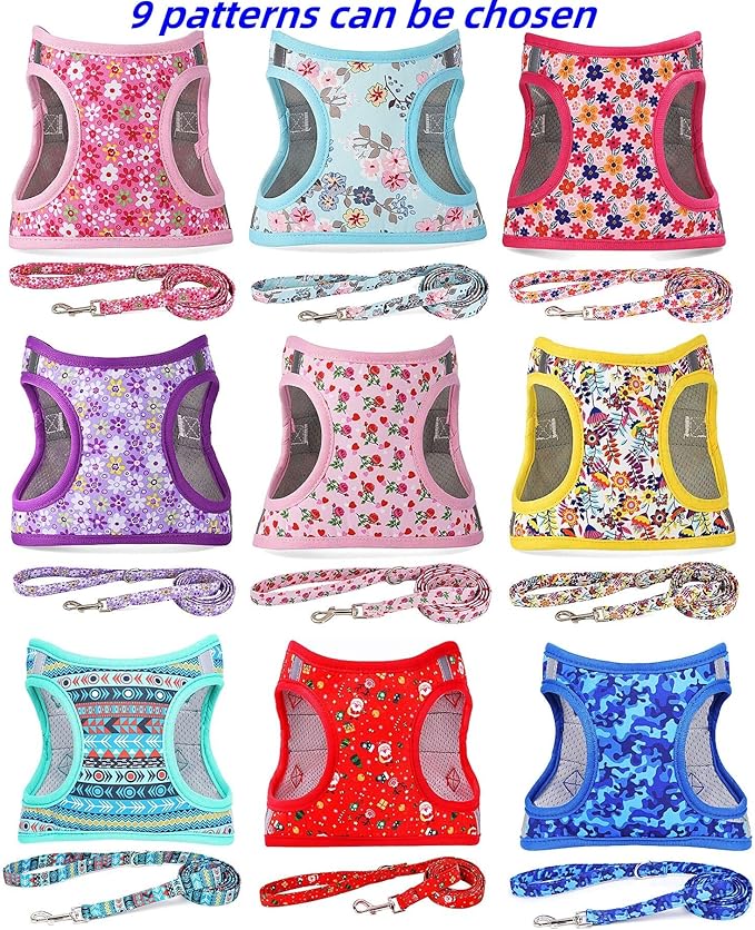 Moonpet Step in Dog Harness Leash Set- All Weather Reflective No-Pull Floral Pattern Padded Mesh Vest Harness for Cats Puppy Extra-Small Small Medium Large Dogs - Purple Flower - XL