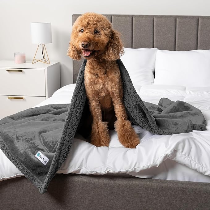PetAmi Waterproof Dog Blanket for Queen Bed Large XL Dog Throw for Couch Cover Leakproof Furniture Protection, Sherpa Fleece, Reversible Soft Washable 90x90 Gray Gray