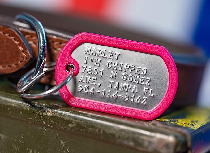 Dog Tags for Dogs, Custom Dog Collar ID Tag Personalized for Pets - Super Tough, Quiet Embossed Military Style Stainless Steel Dog Name tag (Pink)