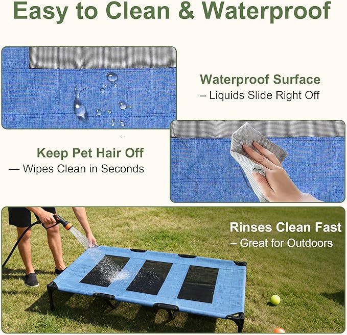 Raised Dog Bed, Raised Pet Cot for Medium and Large Dogs, Cooling Breathable Mesh, Durable Sturdy Frame, Washable Cover, Portable and Easy to Assemble Indoor/Outdoor Pet Bed, Blue, L