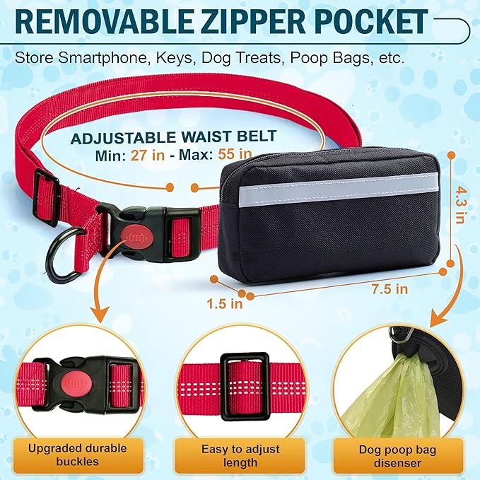 Hands Free Dog Leash for 2 Dogs – Waist Leash for Dog Walking with Dual Bungee, Reflective No Pull Design, Adjustable Belt & Pouch for Running, Hiking, Jogging