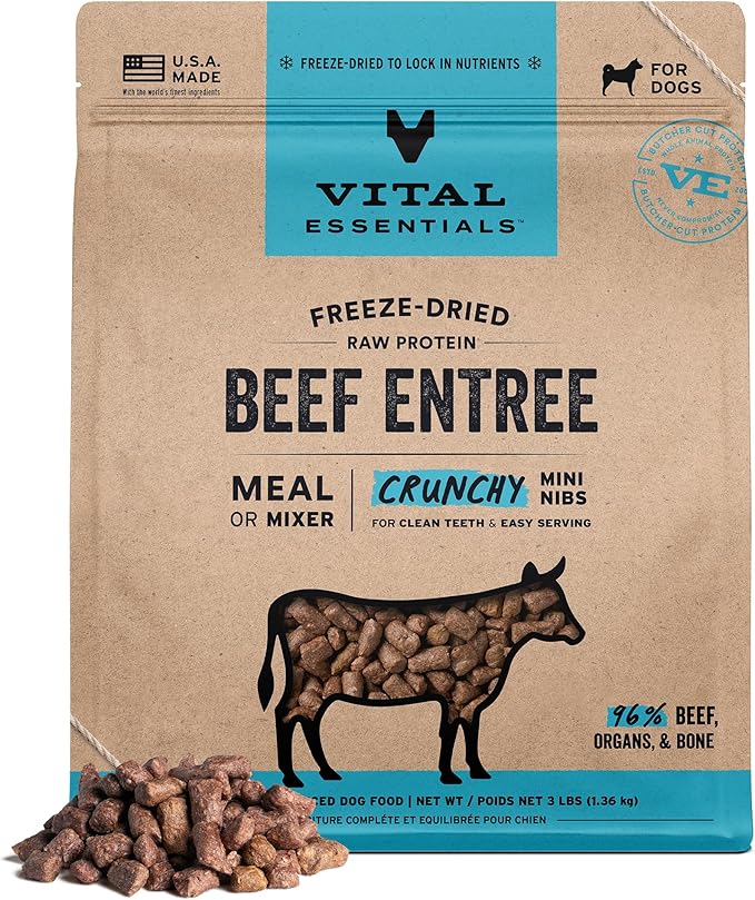 Vital Essentials Freeze Dried Dog Food, Raw Beef Crunchy Mini Nibs | Complete Meal or Mixer | High Protein, Low Carb, Grain Free, Dry Dog Food | 3 lb Big Bag