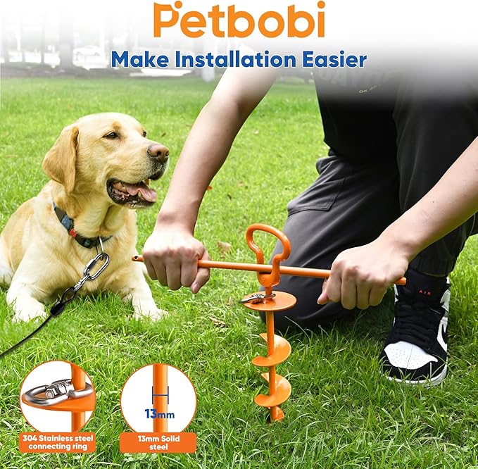 Petbobi Heavy Duty Dog Tie Out Cable and Stake - 10FT Steel Wire Dog Leads for Large Dogs Up to 300lbs, Anti Rust Spiral Stake with Strong Leash & 360° Swivel Hooks - Ideal for Yard, Outdoor & Camping