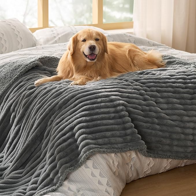 Bedsure ComfyFleece Waterproof Dog Blankets for Large Dogs - Soft Pet Cat Blanket Corduroy Fleece for Bed Protector Washable, Cozy Calming Reversible Furniture Protection,60"x80", Warm Grey