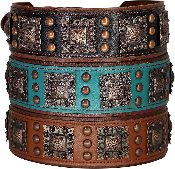 PET ARTIST Genuine Leather Dog Collar for Large Dogs, 2 inch Wide Dog Collar Leather with Rivet Studded & Metal Buckle, Soft Padded & Hand Made for Great Dane Rottweiler,Brown,Neck 22-25"