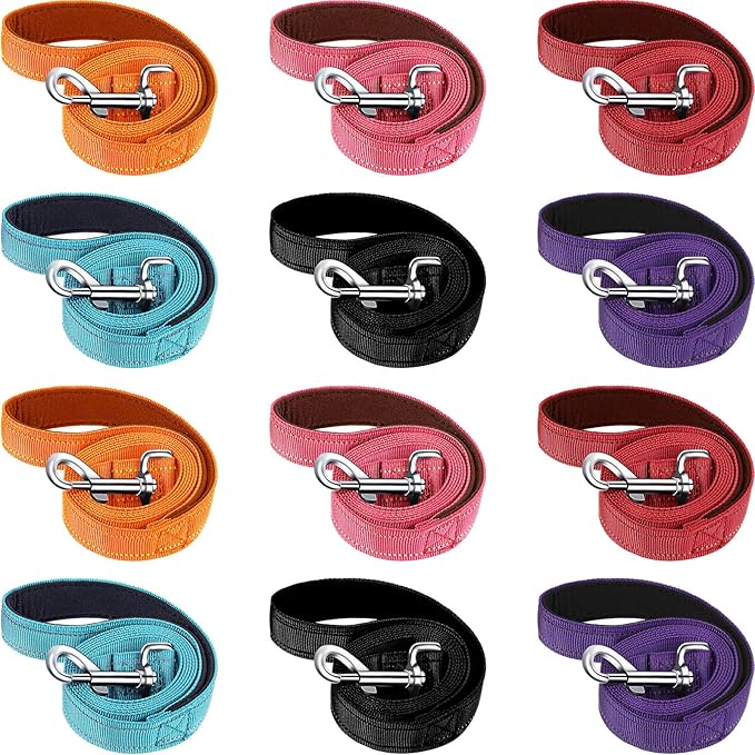 Vicenpal 12 Pcs Double Sided Reflective Dog Leash with Soft Padded Handle, Bulk Nylon Animal Leashes for Medium and Large Dogs Heavy Duty Animal Leash for Walking, Training, 6 Colors(6 ft,Cute Colors)