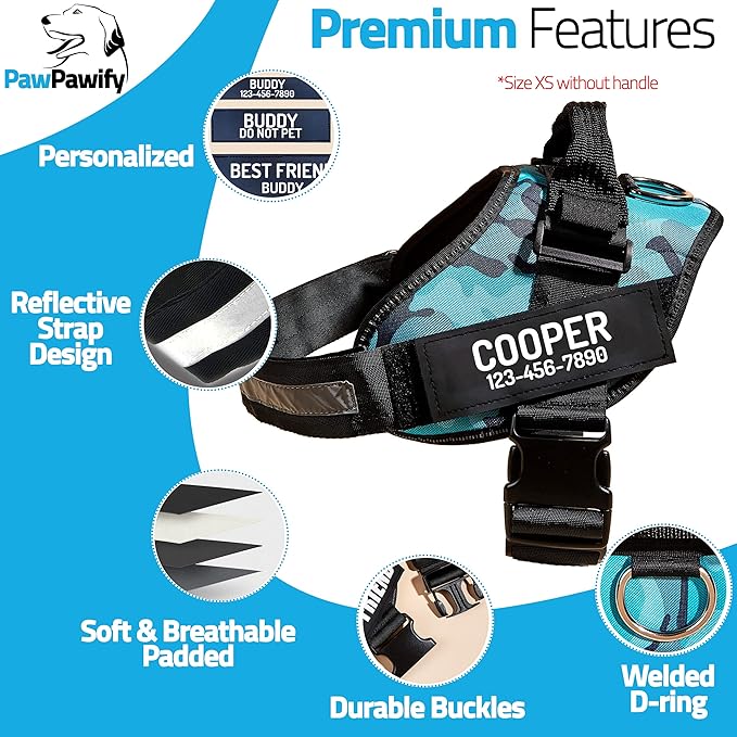 PawPawify Personalized No Pull Dog Harness with 2 Custom Name & Phone Patches, Reflective Breathable Pet Vest for Walking Training, Adjustable Heavy Duty Service Dog Vest for Small Medium Large Dogs
