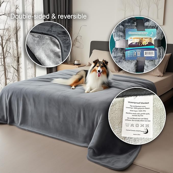 Waterproof Throw Blanket – Leakproof, Spill-Proof Flannel Blanket for Bed, Couch, Kids & Pets Protection, Reversible Water-Proof Design (Moon Grey & Starlit Grey, 40x60”)