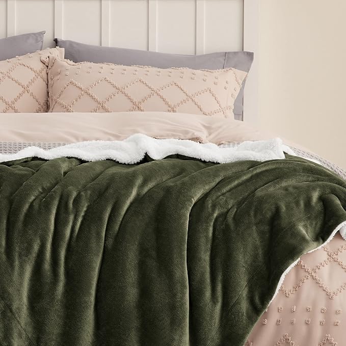 Bedsure GentleSoft Sherpa Fleece Blanket Queen Size for Bed, Non-Heated, Thick and Warm Throw for Women and Men, Soft Fuzzy Plush Queen Blanket for Winter, Olive Green, 90x90 Inches