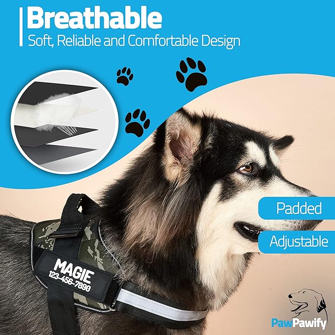 PawPawify Personalized No Pull Dog Harness with 2 Custom Name & Phone Patches, Reflective Breathable Pet Vest for Walking Training, Adjustable Heavy Duty Service Dog Vest for Small Medium Large Dogs