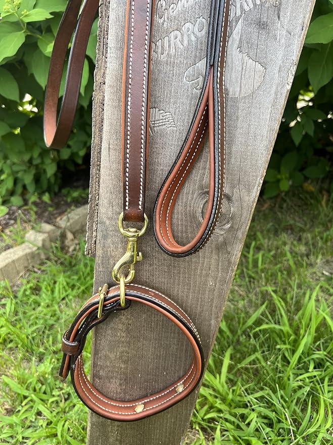 Leaders Leather Dog Collar with Customized Name Plate (5ft Leash Dual Padded)