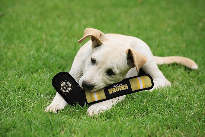 Pets First Dog Toy Tough Nylon with Inner Squeaker Licensed by NHL Boston Bruins Hockey Stick Toy for Dogs & Cats. Play Hockey with Your Pet with This Licensed Dog Tough Toy