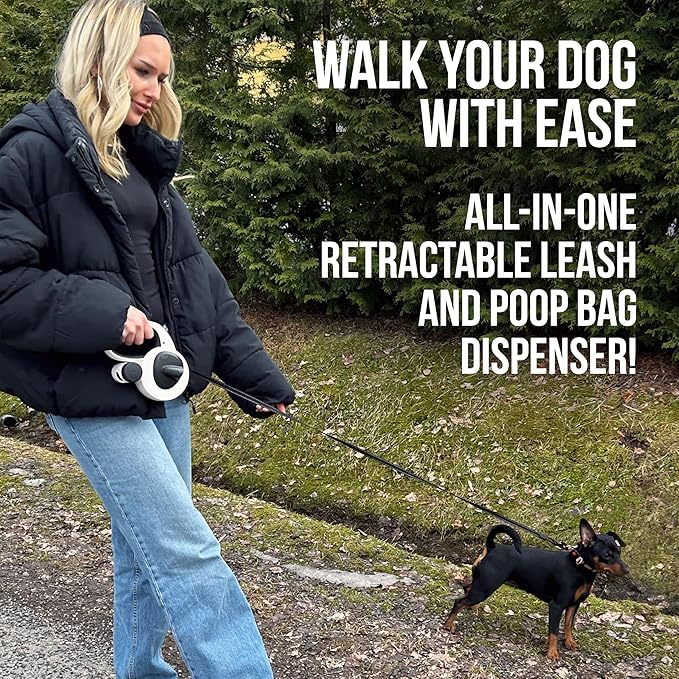 AVANTO Retractable Dog Leash with Flashlight, 16ft Heavy Duty LED Night Safety Leash for Dogs up to 110lbs – 360° Tangle-Free, USB Rechargeable Light, Waste Bag Dispenser, One-Hand Brake & Lock