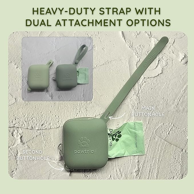 Premium Silicone Dog Poop Bag Dispenser (Matte Green) with 1 Roll of Pawtria's Dog Poop Bags, BPA-Free, Leak Proof, Zero Waste, Zero Plastic, Supports Rescue Dogs (Dispenser + 15 Poop Bags)