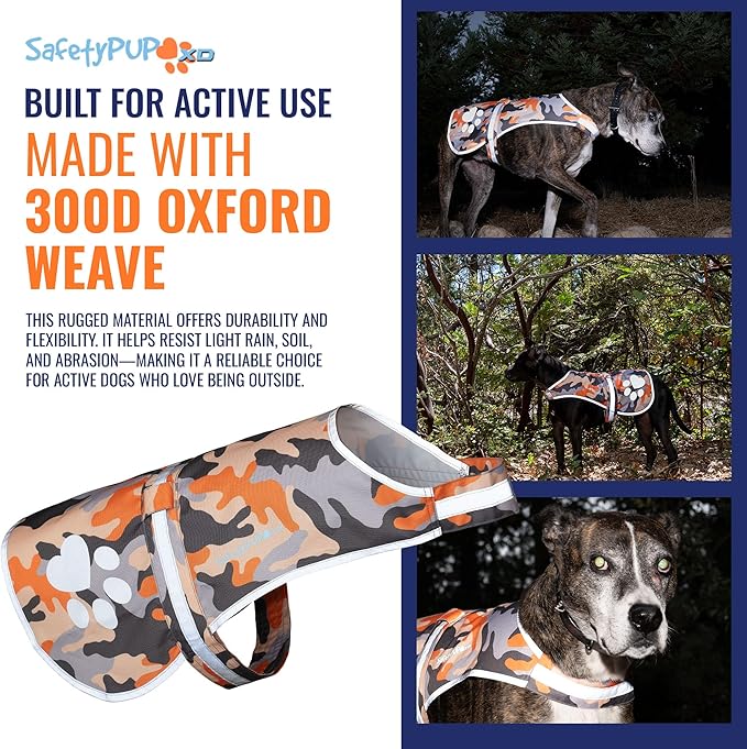 SafetyPUP XD Dog Reflective Vest – Hi-Vis Fluorescent Visibility That Helps to Safeguard Your Pet On/Off Leash in Urban & Rural Areas (Camo, Medium)