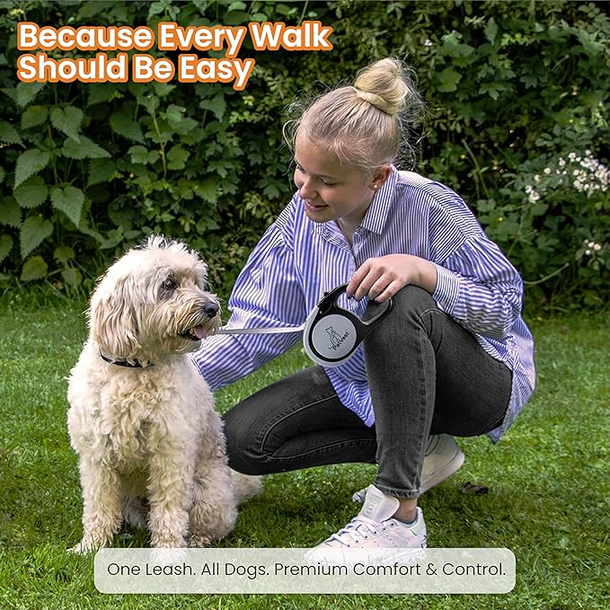 Dual Retractable Dog Leash – 16 FT Tangle-Free Leash for 2 Dogs, Detachable for Single Use, One-Button Brake & Lock, Up to 77 lbs Each, 360° Swivel, Non-Slip Handle + Poop Bag Holder