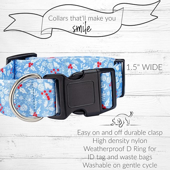 Lucky Love Dog Wide Dog Collar - Adjustable, Durable, Soft Webbing, & Comfortable 1.5 inch Wide Collar for Dogs Male and Female with Strong Buckle - Winter Blue, XL
