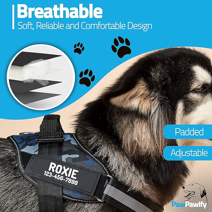 PawPawify Personalized No Pull Dog Harness with 2 Custom Name & Phone Patches, Reflective Breathable Pet Vest for Walking Training, Adjustable Heavy Duty Service Dog Vest for Small Medium Large Dogs
