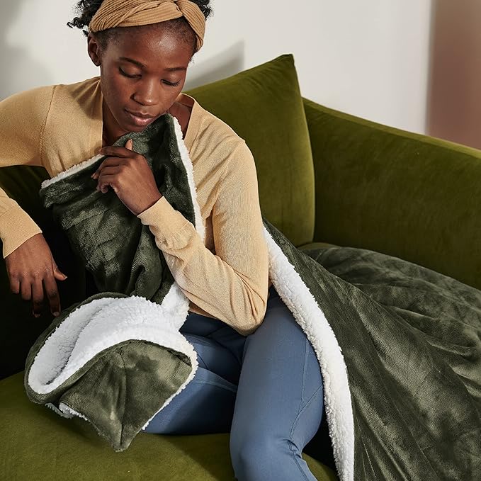 Bedsure GentleSoft Sherpa Fleece Blanket Queen Size for Bed, Non-Heated, Thick and Warm Throw for Women and Men, Soft Fuzzy Plush Queen Blanket for Winter, Olive Green, 90x90 Inches