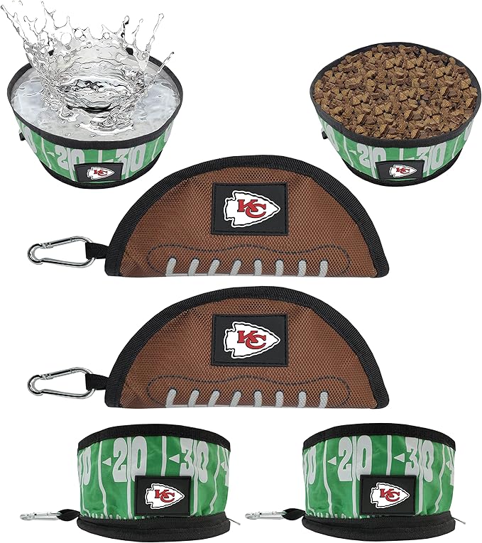 NFL Kansas City Chiefs Pets First Collapsible Dog Travel Bowl Set, 2 Pack Food and Water Bowls for Dogs, Best Portable & Lightweight Leak-Proof Dog Bowls for Travel