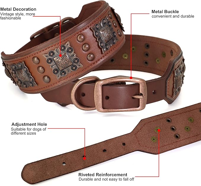 PET ARTIST Genuine Leather Dog Collar for Large Dogs, 2 inch Wide Dog Collar Leather with Rivet Studded & Metal Buckle, Soft Padded & Hand Made for Great Dane Rottweiler,Brown,Neck 22-25"