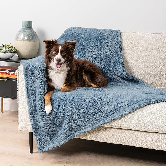 PetAmi Fluffy Waterproof Dog Blanket for Small Medium Dogs, Soft Warm Pet Sherpa Throw Pee Proof Couch Cover, Reversible Cat Puppy Bed Blanket Sofa Protector, Plush Washable Pad (Dusty Blue, 24x32)