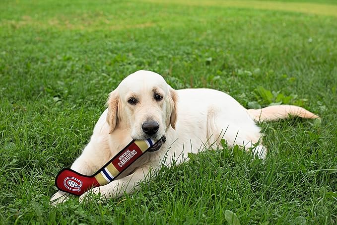 Pets First Dog Toy Tough Nylon with Inner Squeaker Licensed by NHL Montreal Canadiens Hockey Stick Toy for Dogs & Cats. Play Hockey with Your Pet with This Licensed Dog Tough Toy