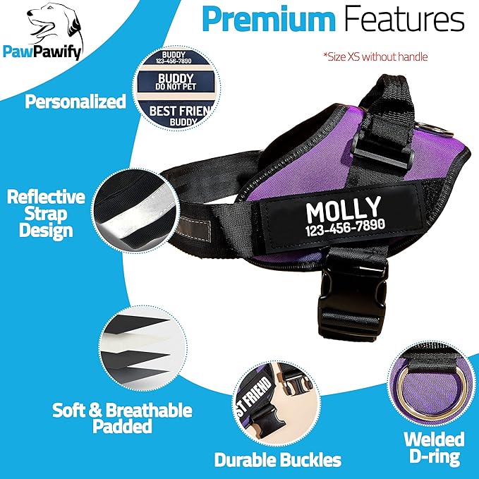 PawPawify Personalized No Pull Dog Harness with 2 Custom Name & Phone Patches, Reflective Breathable Pet Vest for Walking Training, Adjustable Heavy Duty Service Dog Vest for Small Medium Large Dogs