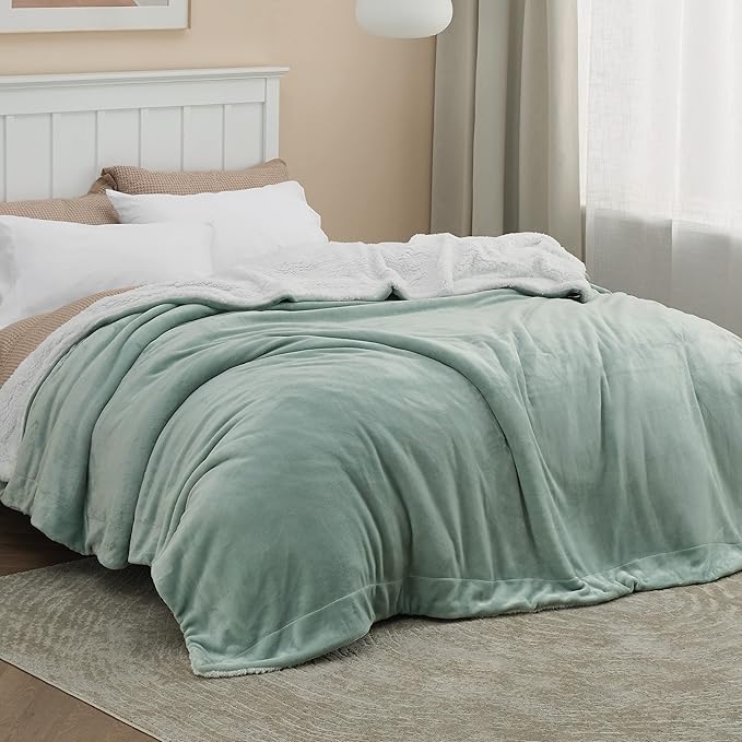 Bedsure GentleSoft Sherpa Fleece Blanket Queen Size for Bed, Non-Heated, Thick and Warm Throw for Women and Men, Soft Fuzzy Plush Queen Blanket for Winter, Sage Green, 90x90 Inches