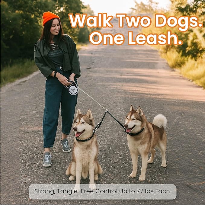Dual Retractable Dog Leash – 16 FT Tangle-Free Leash for 2 Dogs, Detachable for Single Use, One-Button Brake & Lock, Up to 77 lbs Each, 360° Swivel, Non-Slip Handle + Poop Bag Holder