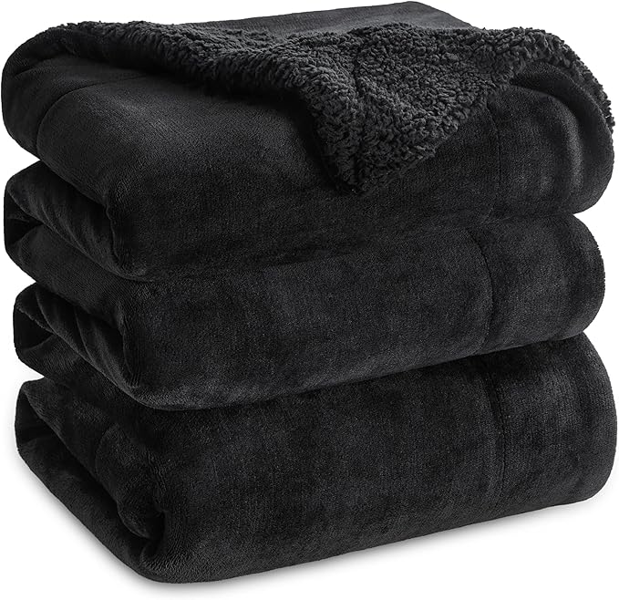Bedsure GentleSoft Sherpa Fleece Blanket Queen Size for Bed, Non-Heated, Thick and Warm Throw for Women and Men, Soft Fuzzy Plush Queen Blanket for Winter, Black, 90x90 Inches