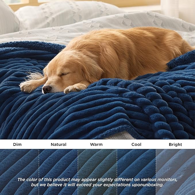 Bedsure ComfyFleece Waterproof Dog Blankets for Large Dogs - Soft Pet Cat Blanket Corduroy Fleece for Couch Bed Protector Washable, Cozy Calming Reversible Furniture Protection,50"x60", Navy Blue