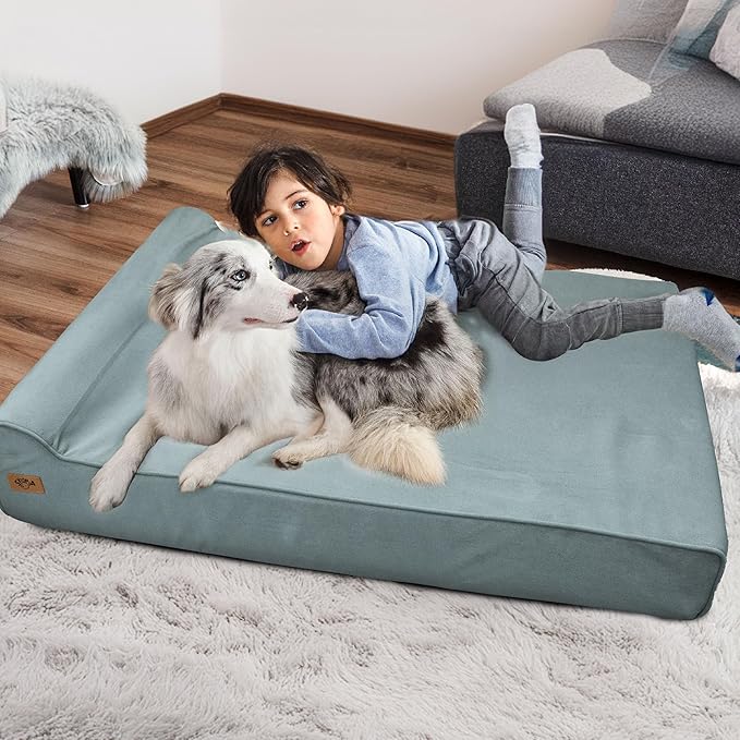 Sytopia XXL 35D Memory Foam Dog Bed for Extra Large Dogs – 7" Thick Orthopedic Pet Couch for Seniors and Big Breeds up to 150 Pounds, with Water-Resistant Liner & Washable Cover – Light Blue