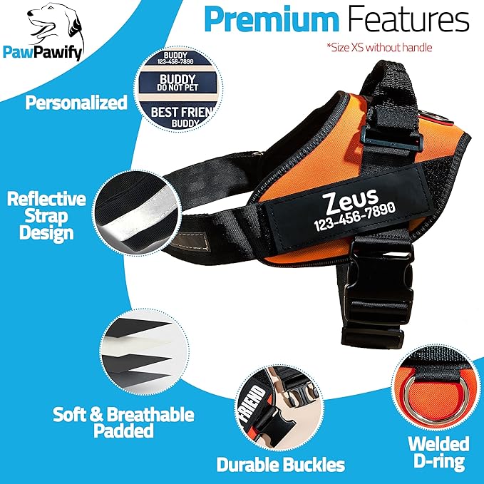 PawPawify Personalized No Pull Dog Harness with 2 Custom Name & Phone Patches, Reflective Breathable Pet Vest for Walking Training, Adjustable Heavy Duty Service Dog Vest for Small Medium Large Dogs