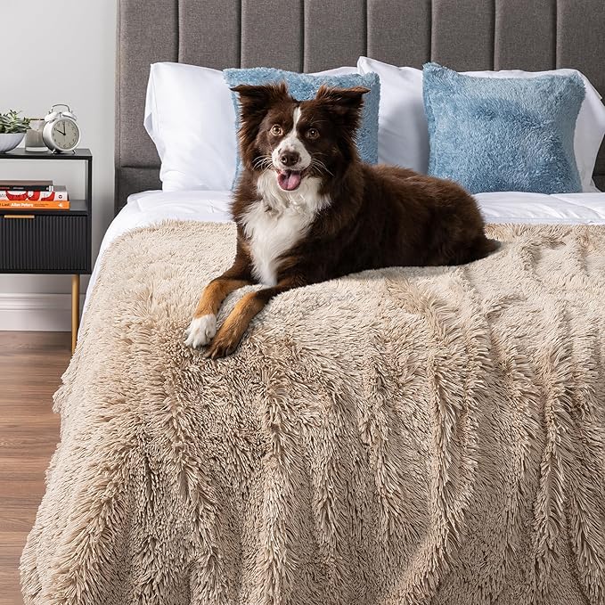 PetAmi Waterproof Dog Blanket for Large Dog, Queen Size Calming Pet Blanket Couch Cover Protector, Sherpa Faux Fur Cat Throw for Sofa Furniture Bed, Soft Fluffy XL, 90x90 Taupe