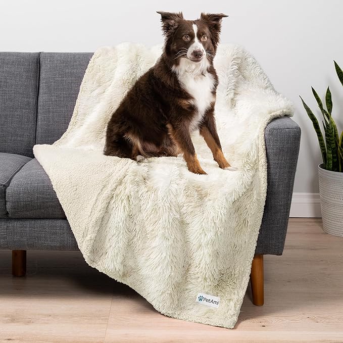 PetAmi Waterproof Dog Blanket for Small Medium Dogs, Calming Fleece Cat Blanket, Couch Protector Washable Sherpa Faux Fur Pet Throw for Puppy, Soft Reversible 29x40 Cream Beige
