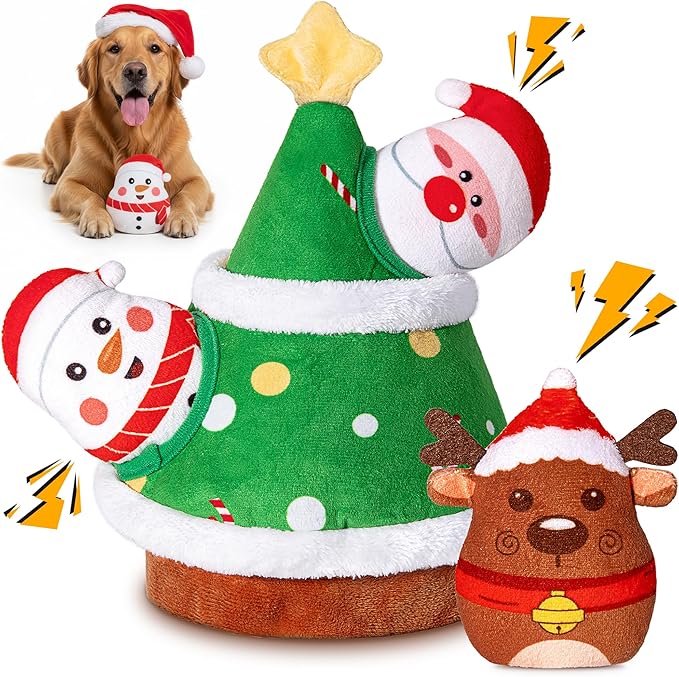 Christmas Dog Toys, Christmas Tree & Squeaky Santa Claus, Dog Christmas Plush Puzzle Chew Gifts