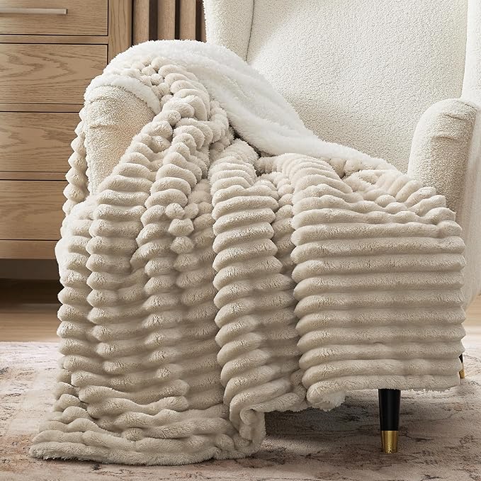 Bedsure Sherpa Throw Blanket for Couch - Super Soft, Cozy Fleece Thick Warm Blanket for Winter, GentleSoft Plush & Fluffy Throw Gift for Women, Room Decor, Beige, 50x60 Inches