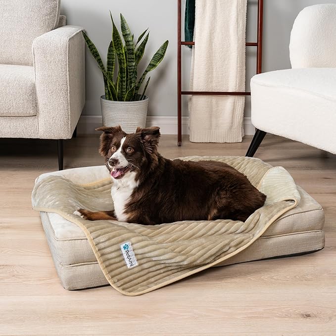 PetAmi Waterproof Dog Blanket, Leakproof Pet Blanket for Small Medium Large Dogs, Reversible Furniture Bed Sofa Couch Cover Protector, Plush Striped Pet Throw for Indoor Cat, 40x60 in, Taupe Beige