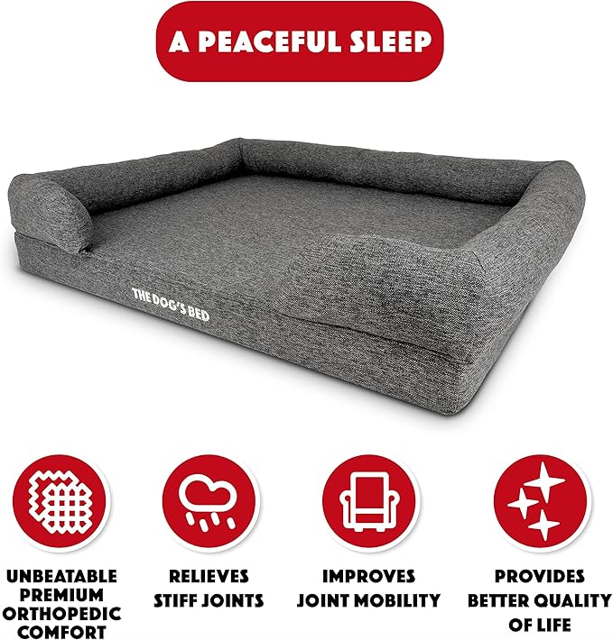 The Dog’s Bed Orthopedic Memory Foam Dog Bed with Bolsters, Largeinen Fabric, Grey Linen, XL