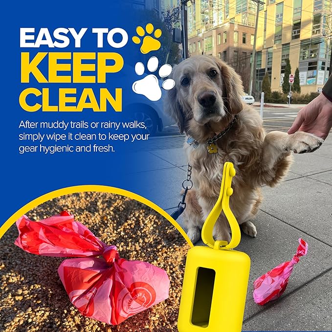 Dog Poop Bag Dispenser with 15 14" Bags Capacity | Yellow Silicone Dog Poop Bag Holder for Leash | Durable, Portable & Refillable Waste Bag Case | Only Fits Waste Happy bags